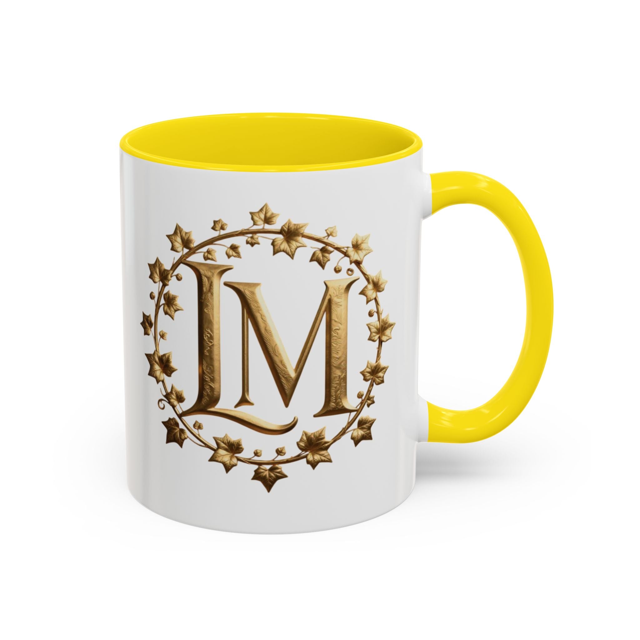 Monogram LM Accent Coffee Mug — Gold Initials Decorative Tea Cup (11/15 oz)