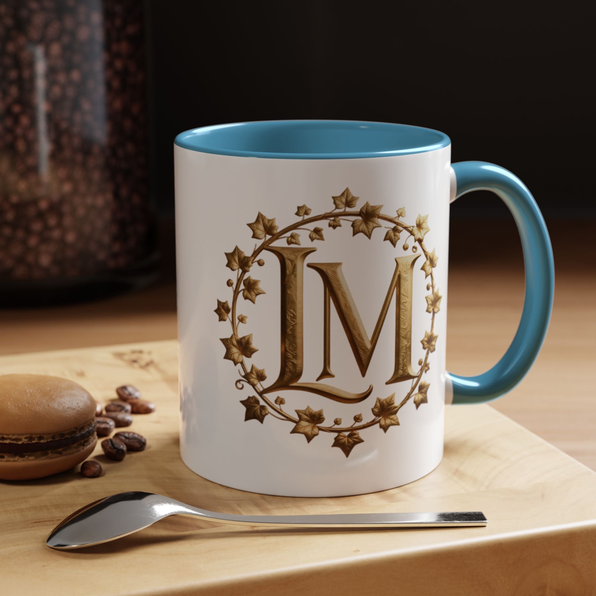 Monogram LM Accent Coffee Mug — Gold Initials Decorative Tea Cup (11/15 oz)