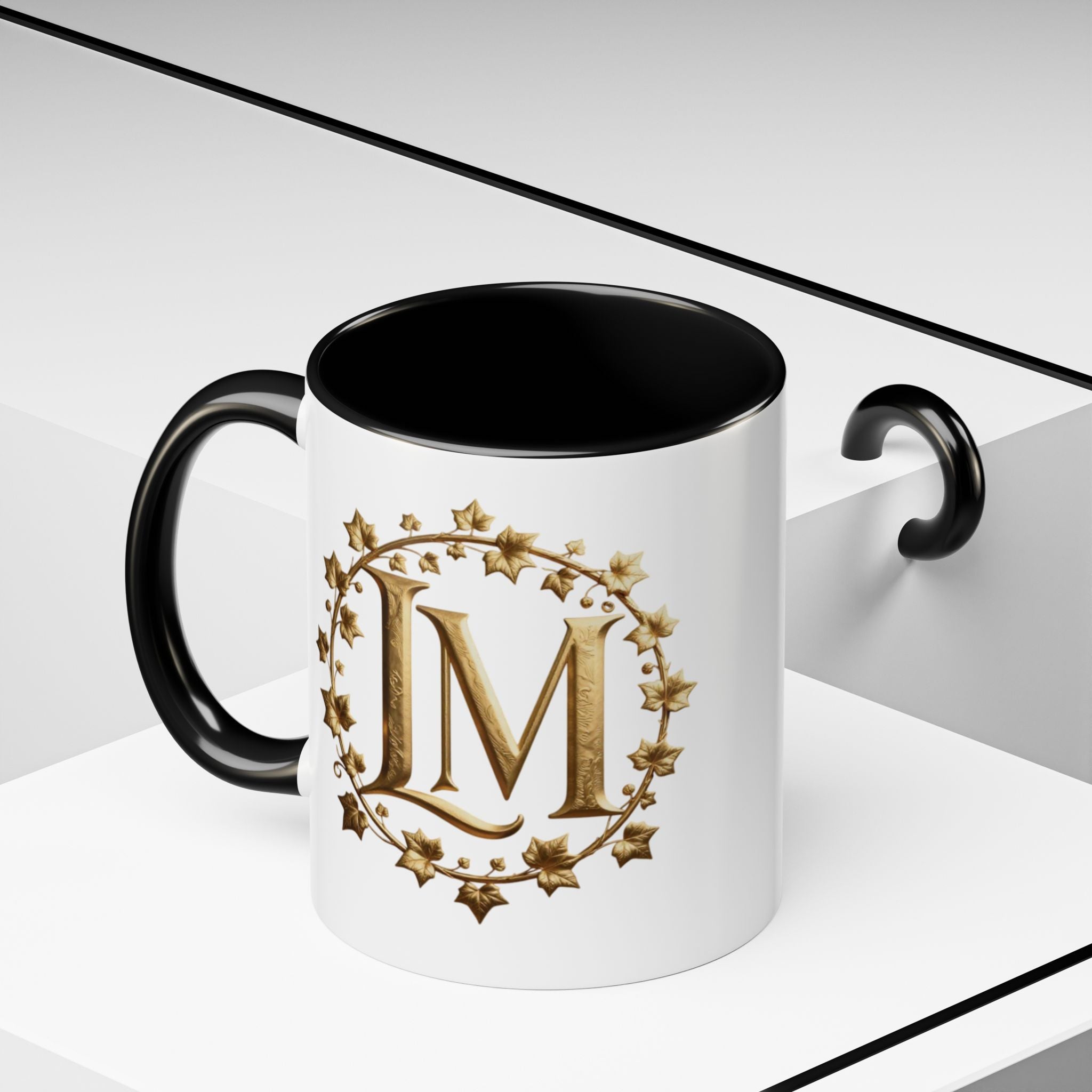Monogram LM Accent Coffee Mug — Gold Initials Decorative Tea Cup (11/15 oz)