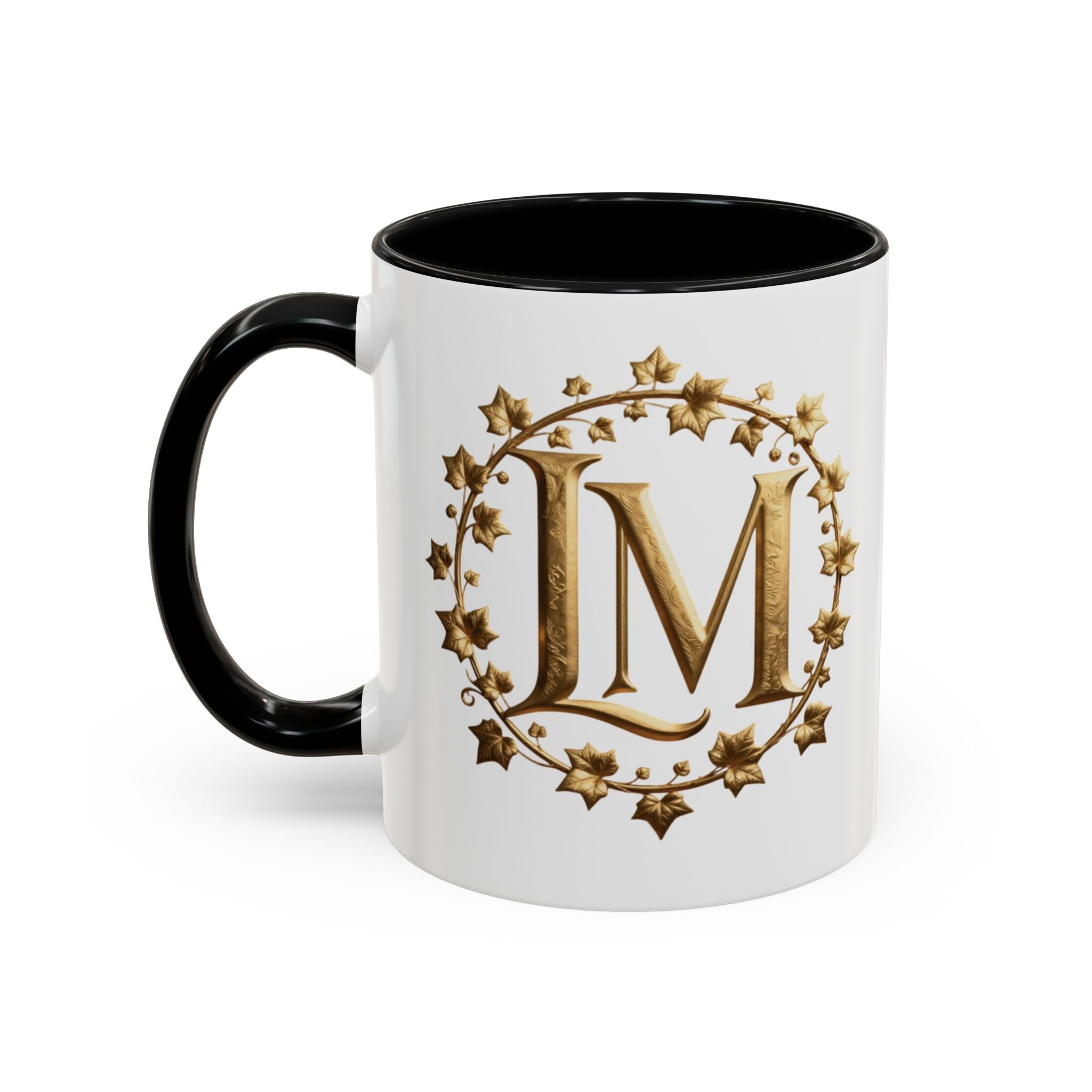Monogram LM Accent Coffee Mug — Gold Initials Decorative Tea Cup (11/15 oz)