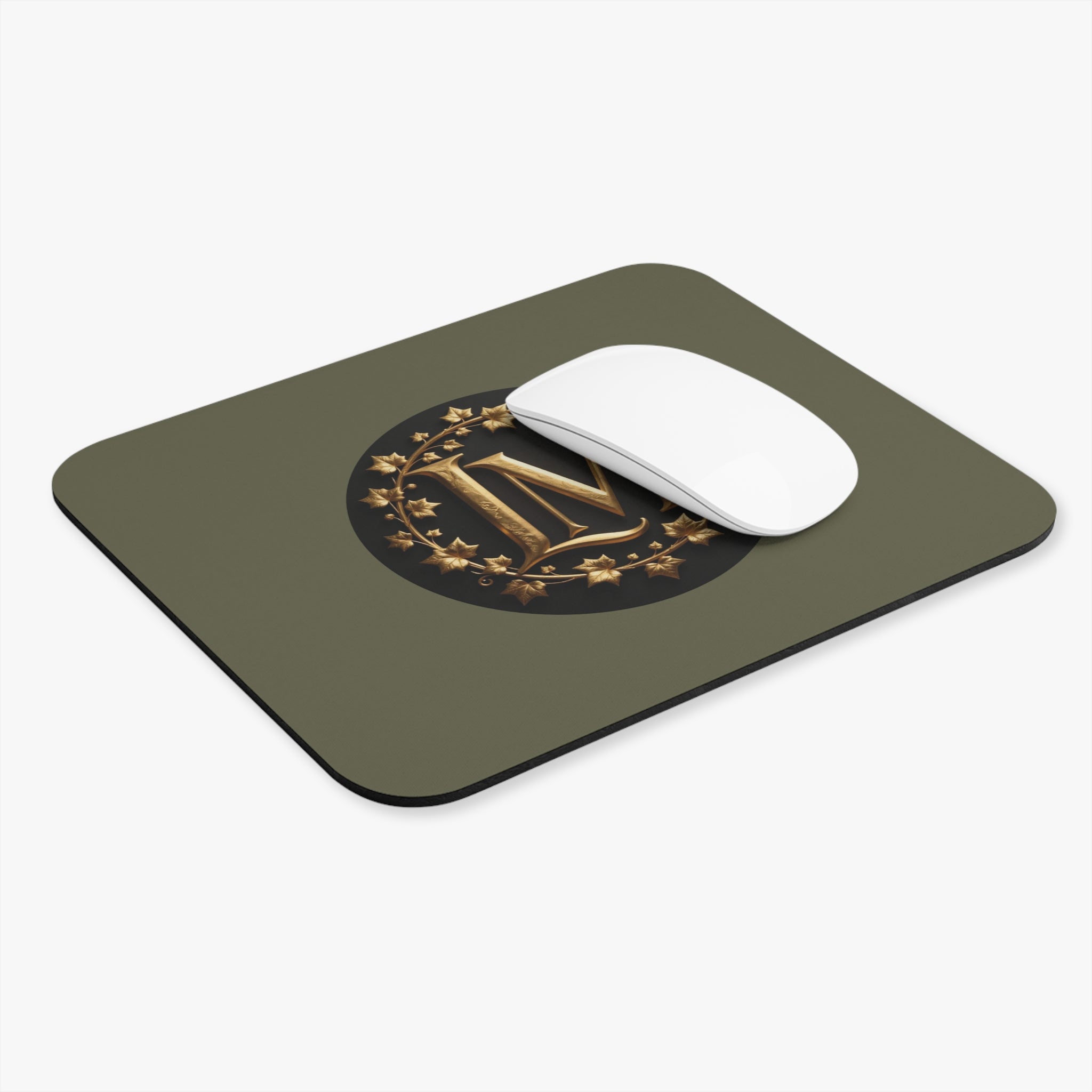 Monogram LM Mouse Pad — Olive Green Vintage Gold Initial Desk Mat