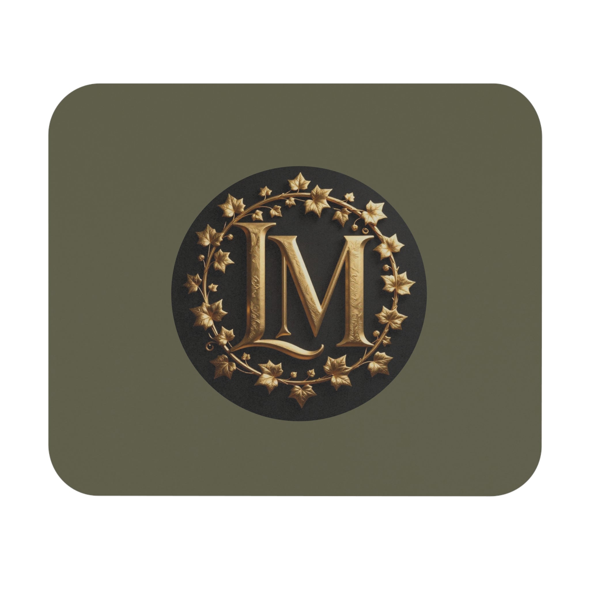 Monogram LM Mouse Pad — Olive Green Vintage Gold Initial Desk Mat