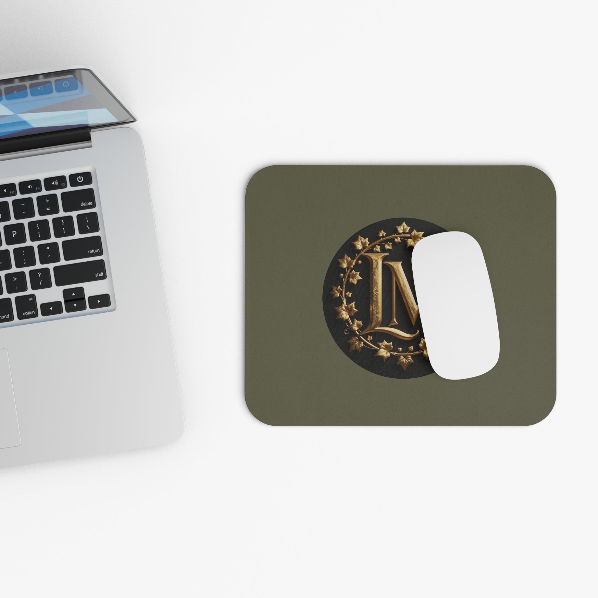 Monogram LM Mouse Pad — Olive Green Vintage Gold Initial Desk Mat
