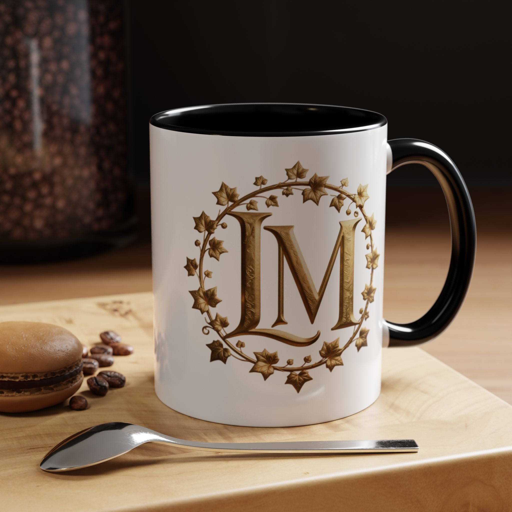 Monogram LM Accent Coffee Mug — Gold Initials Decorative Tea Cup (11/15 oz)